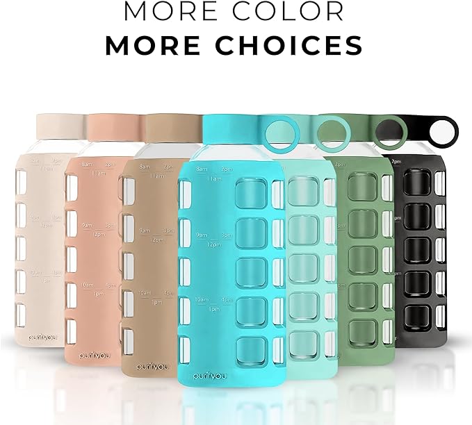purifyou 40oz / 32oz / 22oz / 12oz Borosilicate Glass Water Bottle with Time & Volume Markers, Silicone Sleeve, Stainless Steel Lid | Reusable Glass Bottle for Water & Juice (22oz Aqua Blue)