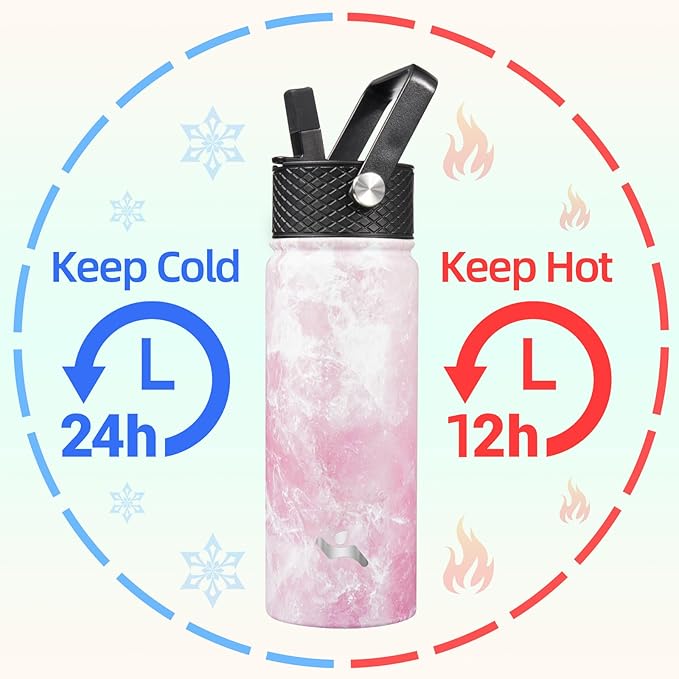 18 oz Insulated Water Bottle Stainless Steel Sport Bottles with 3 Lids,Marble Blossom-FlexoryFit