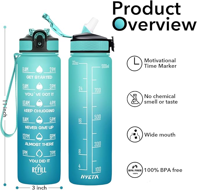 Hyeta 32 oz Water Bottles with Times to Drink and Straw, Motivational Water Bottle with Time Marker, Leakproof, Drinking Sports Water Bottle for Fitness, Gym and Outdoor-FlexoryFit
