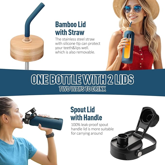 Kodrine Water Bottle with Straw, 24 oz Glass water Bottle with 2 Lids Bamboo Straw Lid and Spout Lid with Handle, 32 oz Clear Water Bottle Glass for Sports Travel, Waterbottle with Time Marker-FlexoryFit