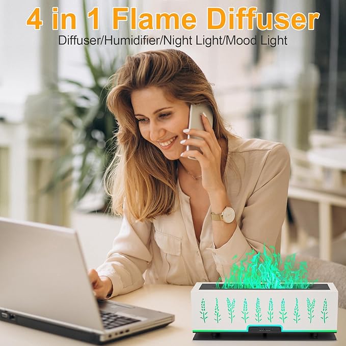 Colorful Essential Oil Diffuser, 7 Colors Flame Diffuser Changing Aromatherapy Diffuser, 200ml Cool Mist Ultrasonic Diffuser for Office, Home,Bedroom (Timeable, Waterless Auto Off- White)