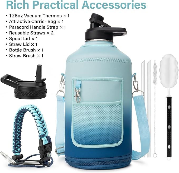 1 Gallon Water Bottle Insulated | Thickened Stainless Steel Vacuum Metal Water Jug | Portable Sports Large for Gym and Hiking with Straw, Carrier Bag, Handle Strap | BPA-Free 128 oz-FlexoryFit