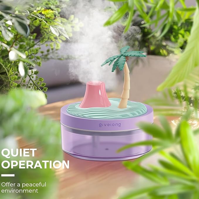 Mini Portable Desktop Humidifiers for Bedroom,Small Humidifier with Cocount Tree,Quiet,Cool Mist, Auto Off,7 Colors Night Light,320ml Air Humidifier Home Office Travel (PURPLE)