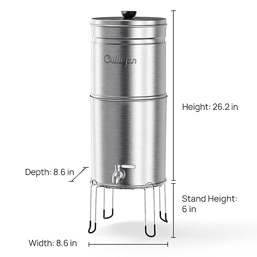 Culligan with MaxClear Technology 2.25 Gallon Gravity Water Filter System, Brushed Countertop Ceramic Water Filter NSF/ANSI Certified to Reduce Lead, Microplastics & Total PFAS, with 4 Filters