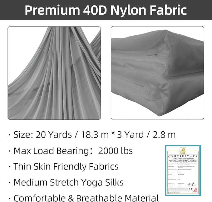 PRIOR FITNESS Aerial Silks Kit Colorful 9/15/20 Yards 40D Nylon Fabric Hammock Set With Hardware & Guide for All Levels Of Aerial Yoga Practice and Acrobatic Flying For Adults Aerial silk-FlexoryFit