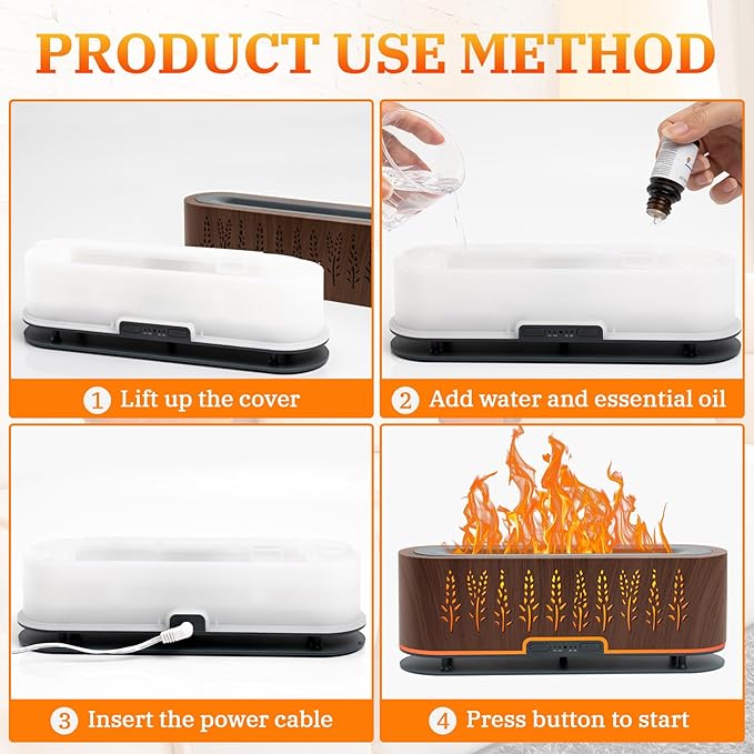 Essential Oil Diffusers, Flame Air Diffuser, 200ml Aromatherapy Diffuser with 2 Mist Mode 4 Timer Up & Waterless Auto-Off Protection for Bedroom Home, Office(Wheat-Dark Brown)