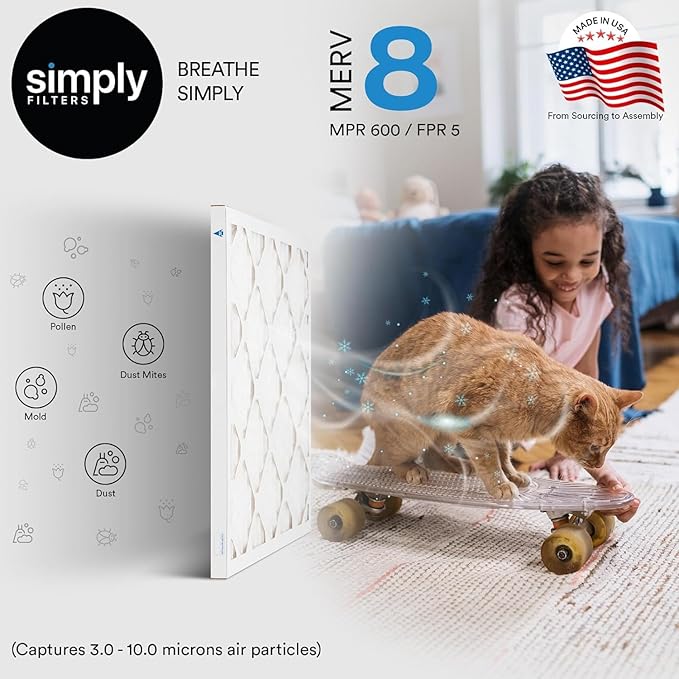 Simply 20x20x2 Air Filter, MERV 8, MPR 600, 6 Pack, Furnace Air Filter for HVAC (Actual Size:19.5"x19.5"x1.75") DUST, Pet, & Allergy Control