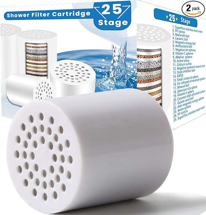 2 Pack 25 Stage Shower Filter Replacement Cartridge, Universal Cartridges for Hard Water – Removes Chlorine, Heavy Metals, Iron & Sediments, Fit Any Similar Design Shower Water Filter
