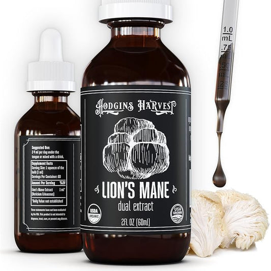 Hodgins Harvest Organic Lion's Mane Fruiting Body Extract Tincture - Mushroom Supplement for Brain Health and Mental Focus - Dual Extract Formula - Extra Concentrated - 2 fl oz Bottle-FlexoryFit