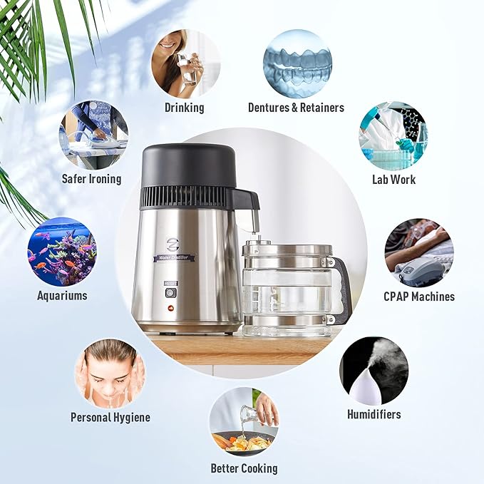 CO-Z Water Distiller 4L Distilled Water Maker with Glass Pot, Brushed 304 Stainless Steel Home Countertop Distiller Water Machine, Distilling Water Purifier Distillers to Make Clean Water