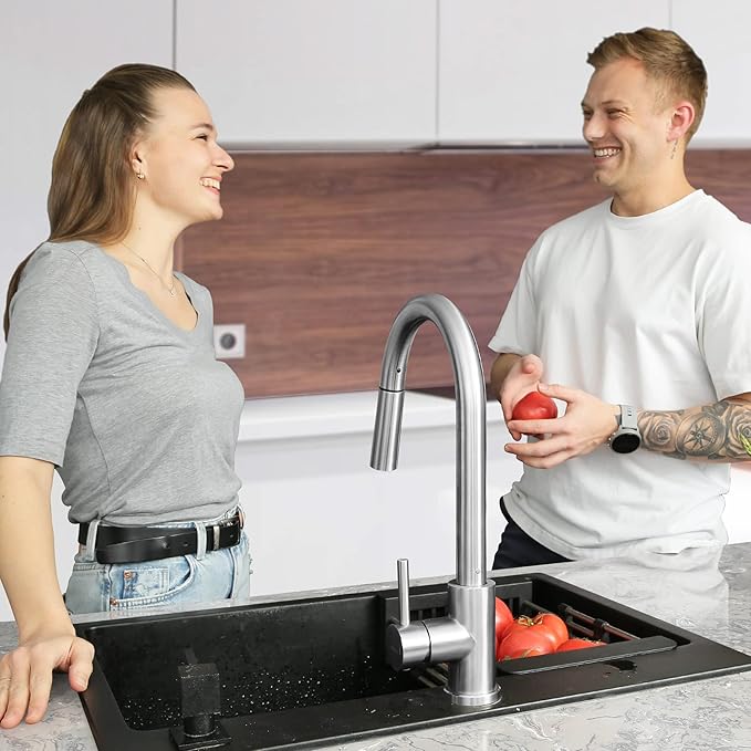 APPASO Kitchen Faucet with Pull Down Brushed Nickel, Single-Handle High Arc Swan-Neck Modern Kitchen Sink Faucet with Optional Deck Plate Stainless Steel, Silver