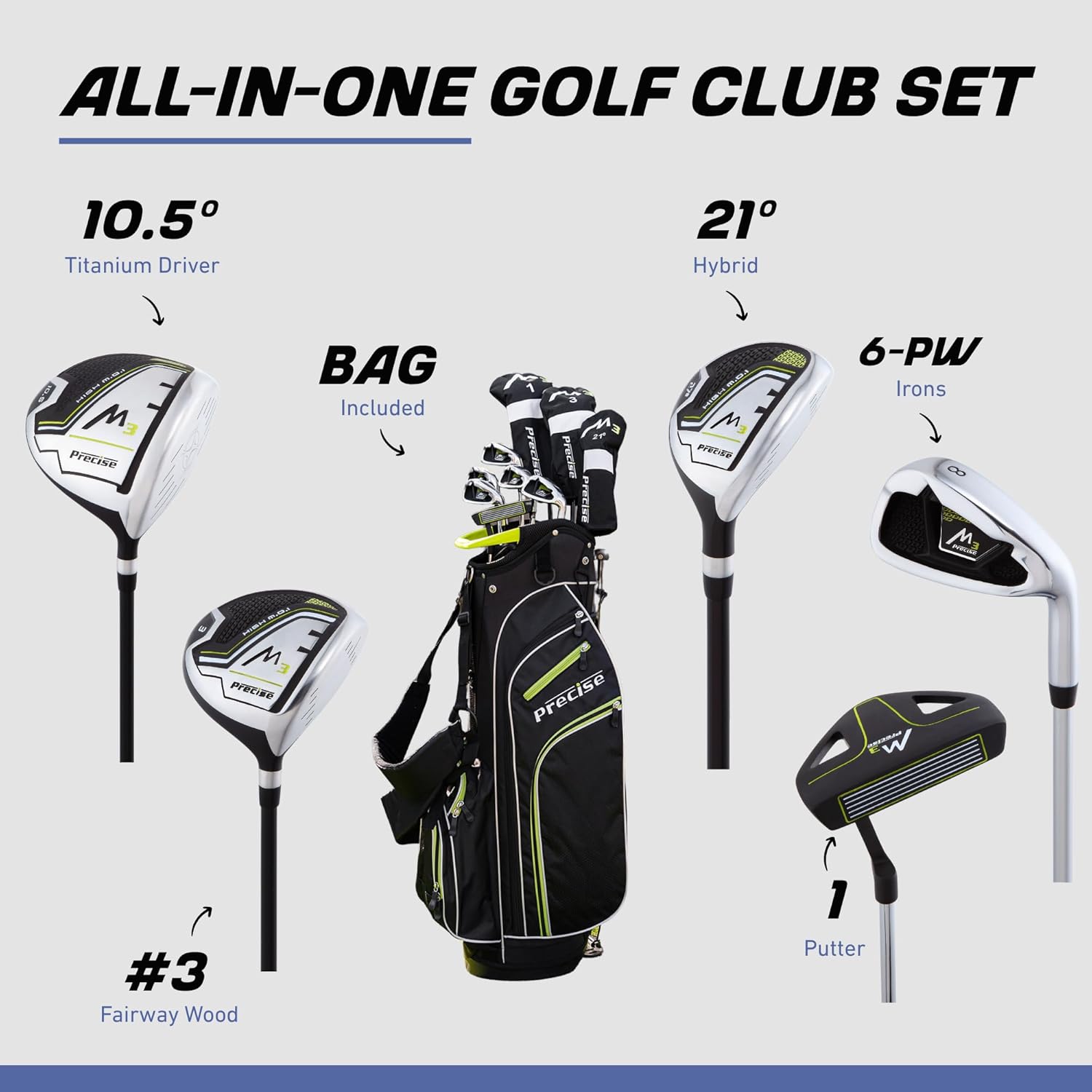Precise M3 Men's Complete Golf Club Set, Includes Driver, Fairway, Hybrid, 6-PW, Putter, Stand Bag, 3 H/C's, Men’s Golf Clubs Full Set Right Handed, Regular, Petite or Tall Size