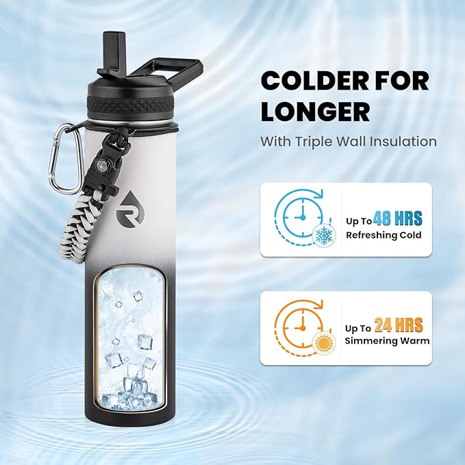 Insulated Water Bottle 24oz, Triple Wall Vacuum Stainless Steel (Cold for 48 Hrs, Hot for 24Hrs), Leak Proof & Non-BPA, 24oz Hydro Water Flask with Paracord Handle & Straw Spout Lids-FlexoryFit