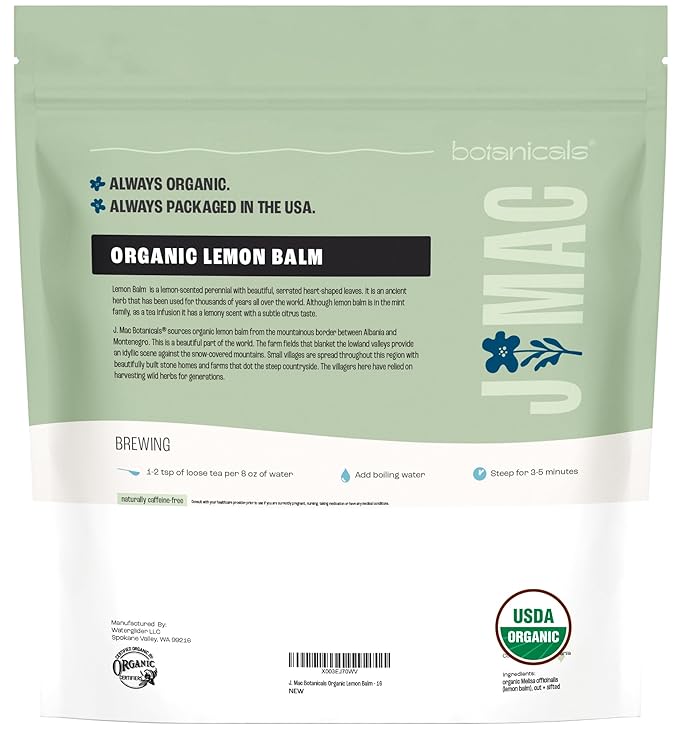 J Mac Botanicals Organic Lemon Balm (16 oz), Loose Leaf Tea, Dried Lemon Balm Tea, herbal Infusion, Lemon balm leaves, melissa officinalis tea, Certified USDA Organic-FlexoryFit
