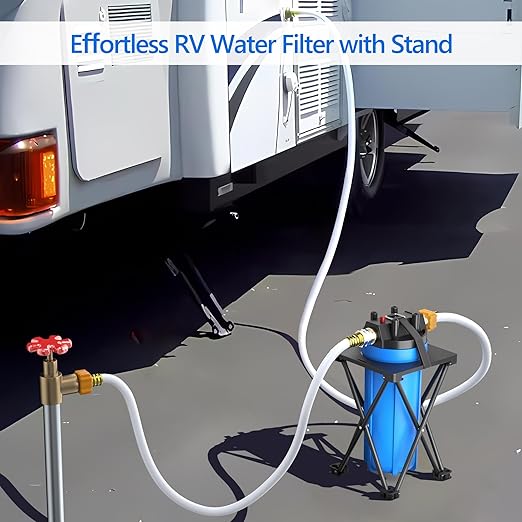 4-Layer RV Water Filter with Stand and 7,000 Gallons Capacity, 3/4" GHT Metal Threads Inline Water Filter, Removes Sediments, Chlorine, VOCs, Heavy Metals, Bad Taste, Odor, and More