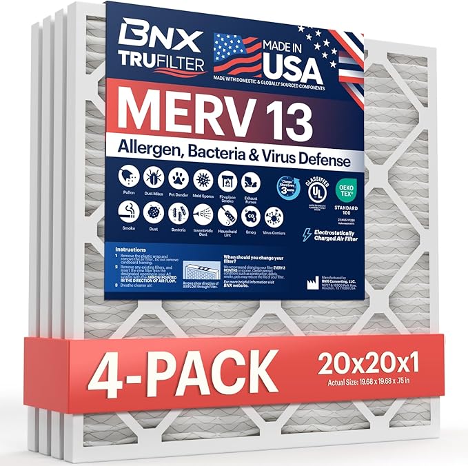 BNX TruFilter 20x20x1 MERV 13 (4-Pack) AC Furnace Air Filter - MADE IN USA - Electrostatic Pleated Air Conditioner HVAC AC Furnace Filters - Removes Pollen, Mold, Bacteria, Smoke