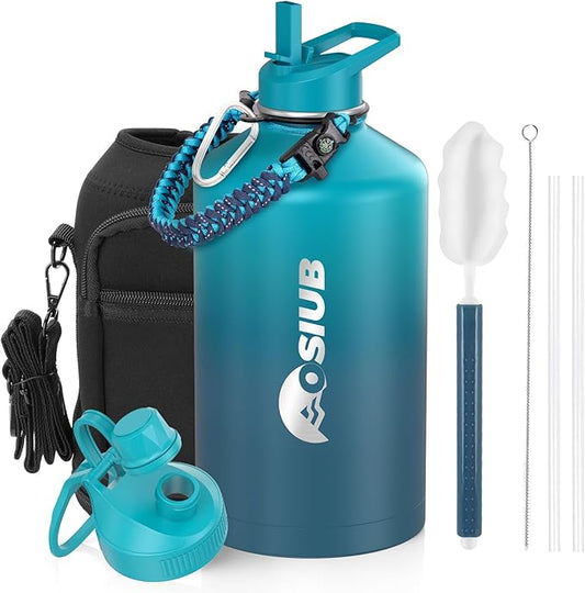 Insulated Water Bottle 128 oz, Triple Wall Vacuum Stainless Steel(Cold for 48 Hrs),Leak Proof & BPA-Free,One Gallon Water Bottle with Reflective Paracord & Flip Straw for Sports & Travel, CyanBlue-FlexoryFit