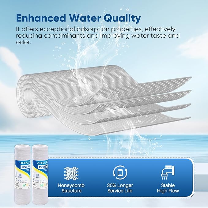 PUREPLUS 10 Micron 10"x2.5" Whole House String Wound Sediment Filter for Well Water, Replacement Cartridge for Universal 10 inch RO System, WP-5, Aqua-Pure AP110, CFS110, Culligan P5,WFPFC4002, 4Pack