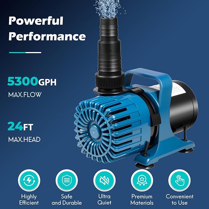 310W 5300 GPH Pond Pumps for Outdoor Ponds, 180° Adjustable Water Direction, Ultra-Quiet Fountain Pump with 20FT Power Cord & Barrier Bag, Waterfall Pump, Pond Water Pump, UL Listed