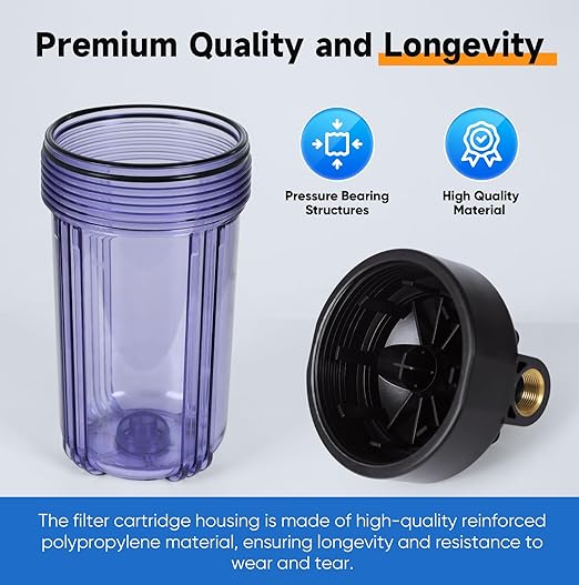 PUREPLUS 2-Stage Whole House Water Filtration System, 10" Universal Clear Housing, with Sediment & Iron Reduce, Carbon Filter, Reduce Iron, Chlorine, Taste, Includes Pressure Gauges, 1" Inlet/Outlet