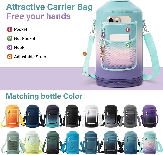 1 Gallon Water Bottle Insulated | Thickened Stainless Steel Vacuum Metal Water Jug | Portable Sports Large for Gym and Hiking with Straw, Carrier Bag, Handle Strap | BPA-Free 128 oz-FlexoryFit