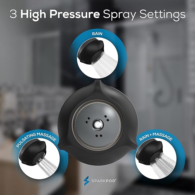 SparkPod 3-Inch Extreme High Pressure Shower Heads - Pressure Boosting with Rain, Massage & Pulsating Mode, Powerful Water-Saving Showerhead - 2.5 GPM Fixed Shower Head (Midnight Black Matte)