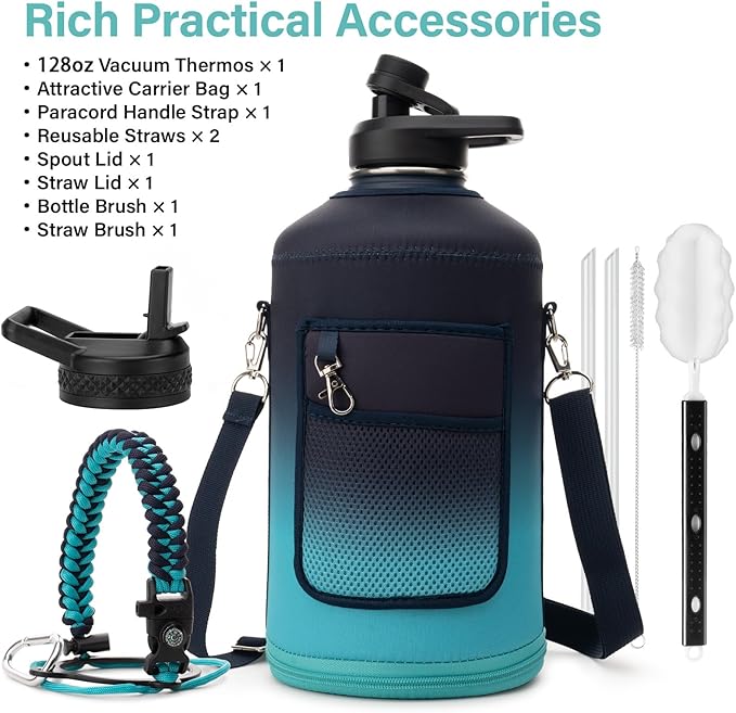 1 Gallon Water Bottle Insulated | Thickened Stainless Steel Vacuum Metal Water Jug | Portable Sports Large for Gym and Hiking with Straw, Carrier Bag, Handle Strap | BPA-Free 128 oz-FlexoryFit