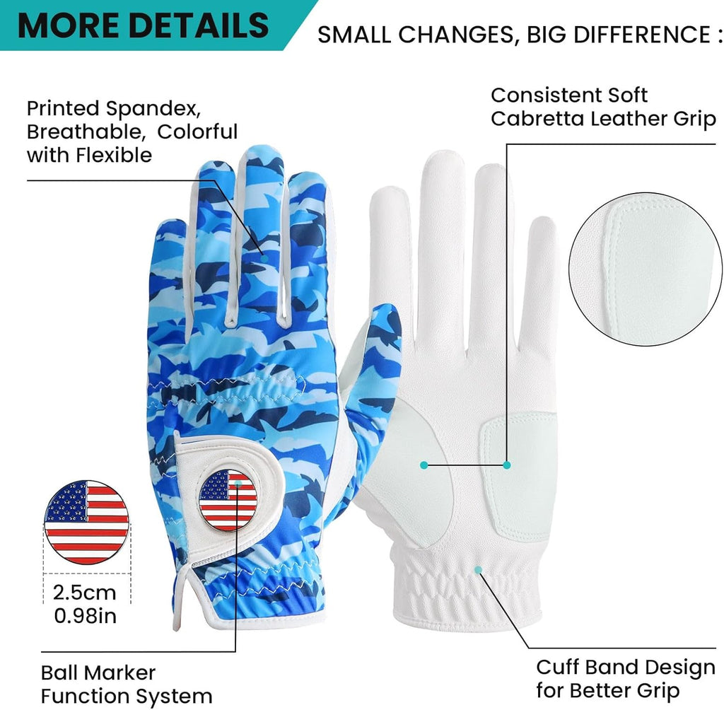 FINGER TEN Golf Gloves Men Left Hand Right with Ball Marker USA Flag Blue Camo Plaid Pack, Mens Leather Golf Glove All Weather Grip Small Medium ML Large XL