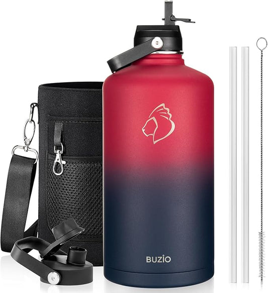 128oz Insulated Water Bottle, BUZIO Gallon Water Jug with Straw Lid and Carrying Sleeve (Cold for 48 Hrs) Stainless Steel Hydro Metal Canteen Water Flask, Ruby Red Navy-FlexoryFit