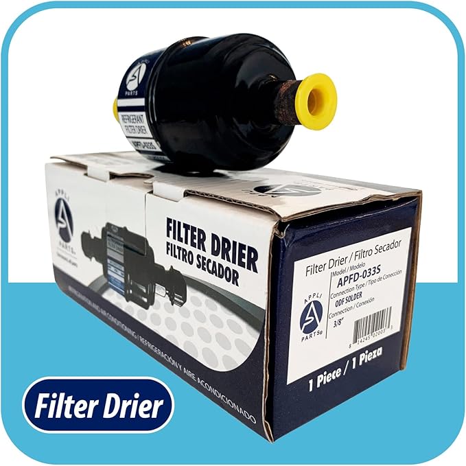 Appli Parts APFD-033S 3/8 in Liquid Line Refrigerant AC Filter Drier hvac Refrigeration 033S ODF Sweat Solder connection universal unidirectional 4-1/2 in long 1-3/4 in wide