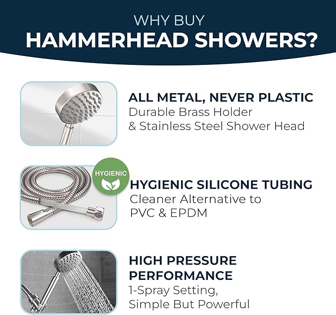 HammerHead Showers® Solid Metal Handheld Shower Head with Hose and Brass Holder - BRUSHED NICKEL - 2.5 GPM High Pressure Shower Heads with Adjustable Shower Wand Bracket - 6ft Flexible Extension
