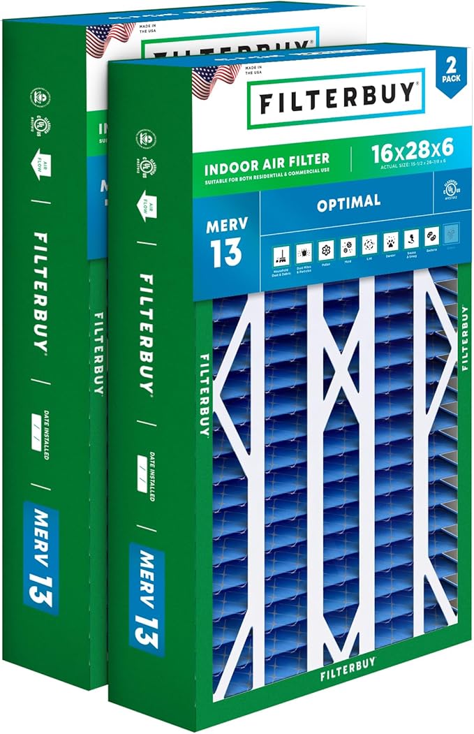 Filterbuy 16x28x6 Air Filter MERV 13 Optimal Defense (2-Pack), Pleated HVAC AC Furnace Air Filters Replacement for Aprilaire Space-Gard 401/2400 & Lennox (Actual Size: 15.50 x 26.88 x 6.00 Inches)