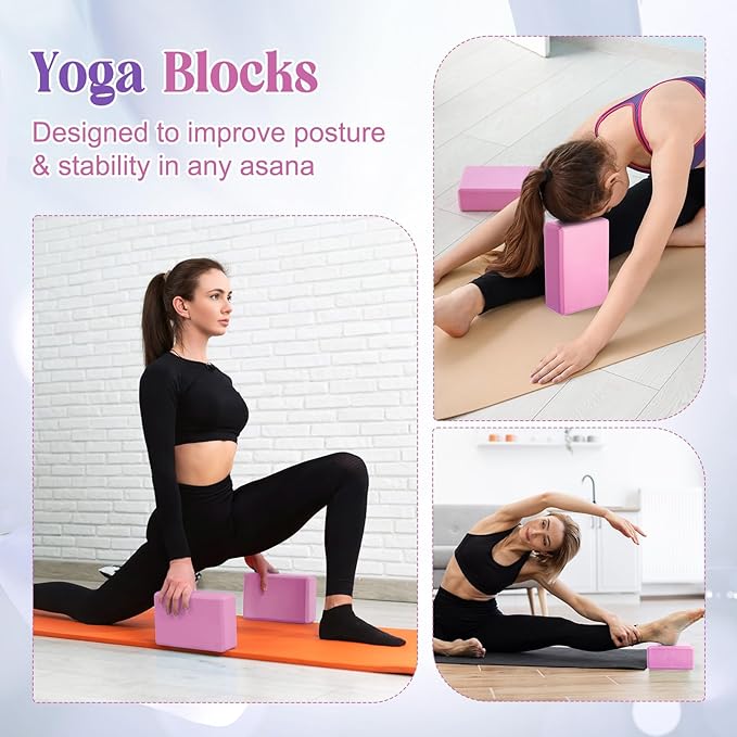 5 Pcs Yoga Blocks Knee Pads Yoga Strap Set Soft Premium Foam Blocks Accessories for Pilates Meditation General Fitness Stability, Kneeling, Balance, Deepen Stretches and Toning-FlexoryFit