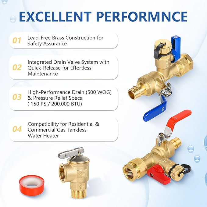 3/4 Inch GUOFIS IPS Tankless Water Heater Valve Kit with Pressure Relief Valve(3/4"FIPx 3/4" PEX-A Expansion F1960),1 Set Water Heater Valve Kit