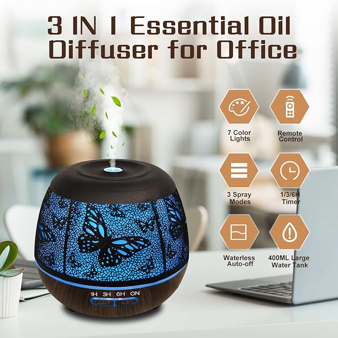 Essential Oil Diffuser for Bedroom 400ml,Diffusers for Home with R/C,Cool Mist Humidifier Large Room,Ultrasonic Scent Diffuser Waterless Auto Off,7 Colors Light & 3 Mist Modes for Desk Butterfly