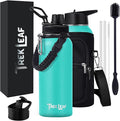 Travel Water Bottle with Carrying Bag, 3 Lids (Spout, Straw, Flip), and Bottle Brush; Leak Proof, Quality, Vacuum Insulated, Stainless Steel (Turquoise, 32 oz)