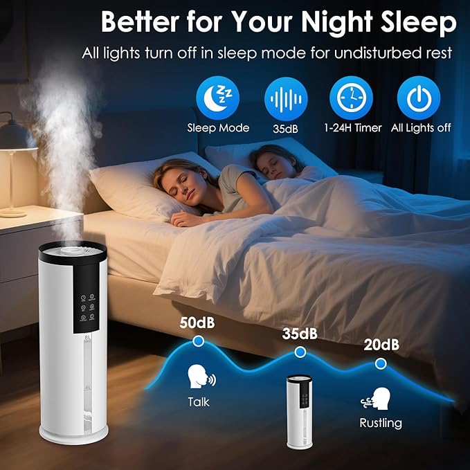 Humidifiers for Bedroom - GloryAir 2.11Gal (8L) Quiet Top Fill Cool Mist Humidifier Large Room 550 ft² 120H Runtime with Humidistat, Auto Mode Diffuser 7-Color Light for Plants Baby Adults Office Home