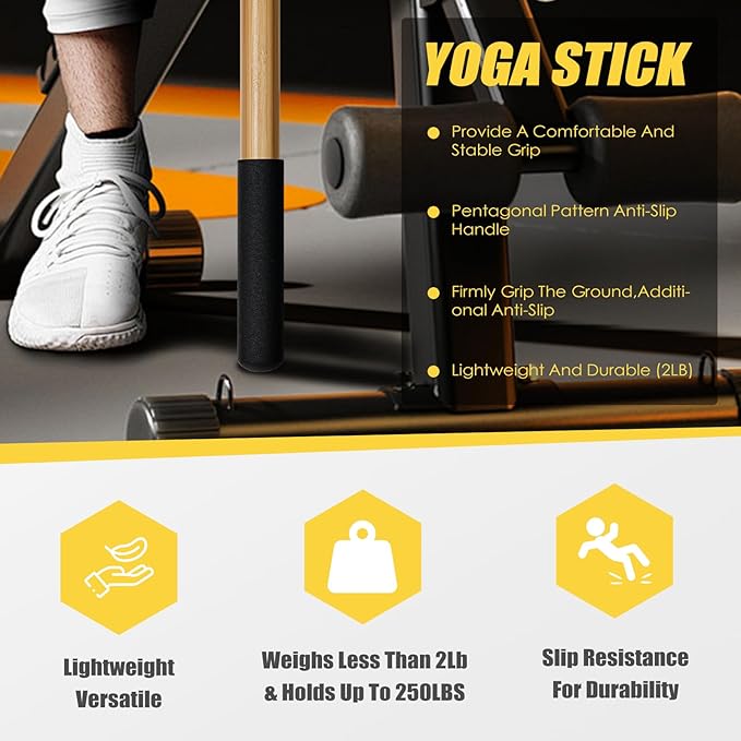 Bamboo Stretch Yoga Stick, 5ft/149 cm, Flexibility Stick for Physical Therapy, Premium Yoga Dowel with Super Sturdy Rubber Handle Ends, Exercise Bar for Posture Corrector-FlexoryFit