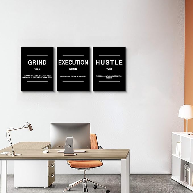 Framed Canvas Wall Art Success Quote, Office Wall Art, Black Large Poster, Positive Motivational Set of 3 Prints, Execute Failure Definition, Inspirational Print (B-3pcs,12x16inchx3pcs)-FlexoryFit