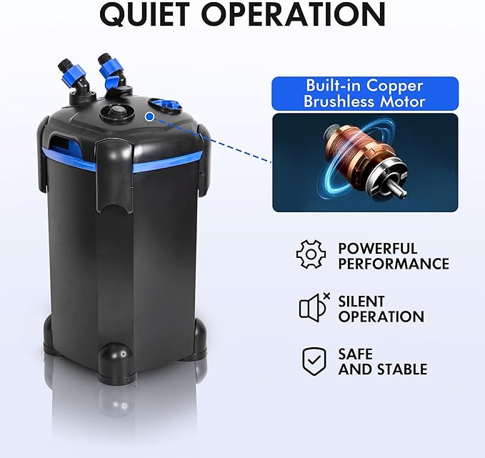 AMOSIJOY 265GPH Ultra-Quiet Canister Filter, 3-Stage External Aquarium Filter with Free Media for Large Fish Tanks and Aquariums
