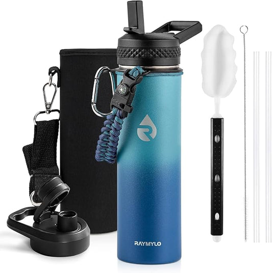 Insulated Water Bottle 20 oz, Triple Wall Vacuum Stainless Steel (Cold for 48 Hrs), Leak Proof & Non-BPA, Kids Water Bottle Jug for School with Straw Spout Lids, Cyan Blue-FlexoryFit