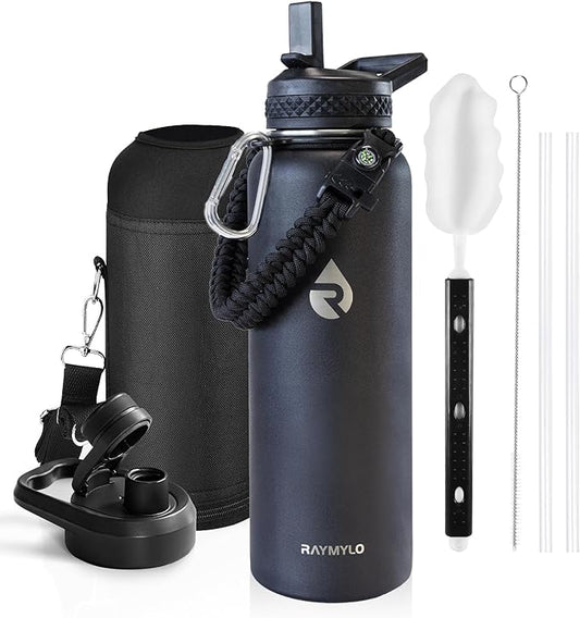 Insulated Water Bottle 40 oz, Triple Wall Vacuum Stainless Steel (Cold for 48 Hrs), Leak Proof & Non-BPA, Modern Water Flask Jug with Paracord Handle & Straw Spout Lids, Magic Black-FlexoryFit