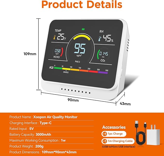 Xoopon Air Quality Monitor Indoor with Beep Alarm Portable Formaldehyde/PM1/PM2.5/PM10/Co2 Detector for Travel Carbon Dioxide Detector Tester Hcho Sensor for Home (Silver White)