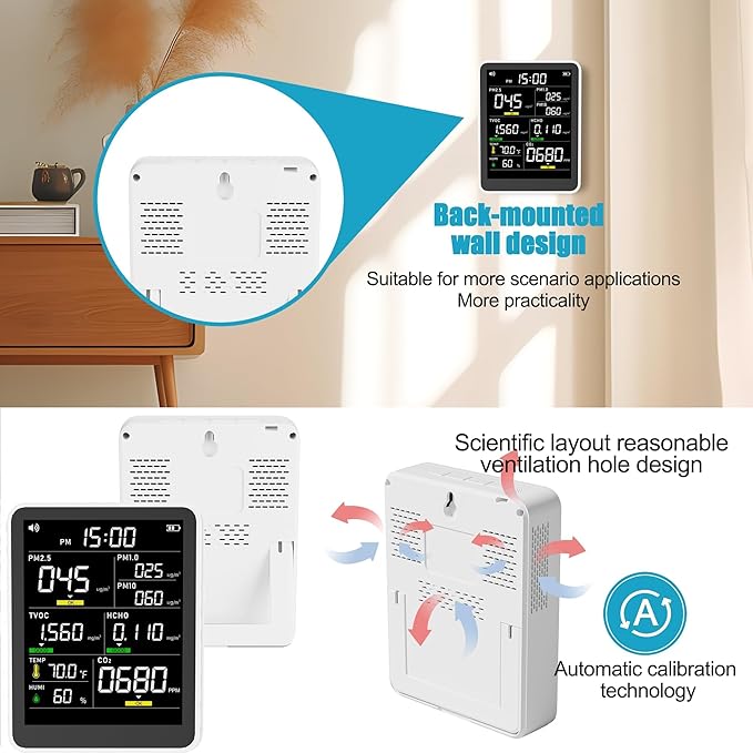 9-in-1 Professional Indoor Air Quality Monitor Indoor Portable PM2.5/PM10/CO2, Temperature, Formaldehyde Detector, Humidity TVOC,Time Display Air Quality Tester - Confined Space Clean Air Monitor