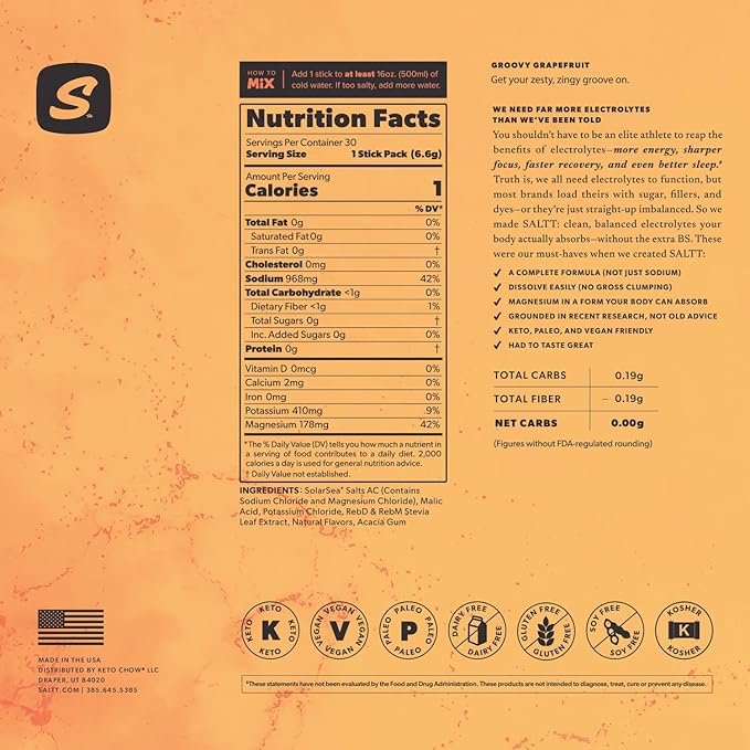 Keto Chow SALTT Electrolytes Powder Packets, Groovy Grapefruit (30 Hydration Packets) - Magnesium, Potassium, Sodium, Trace Minerals - Vegan, Sugar & Gluten Free - Travel Essentials - Made in USA-FlexoryFit