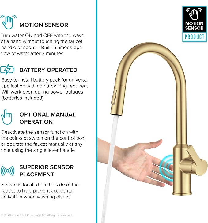 Kraus Oletto Kitchen Faucets Touchless Sensor Single Handle Pull-Down Sprayer in Brushed Brass, KSF-2830BB