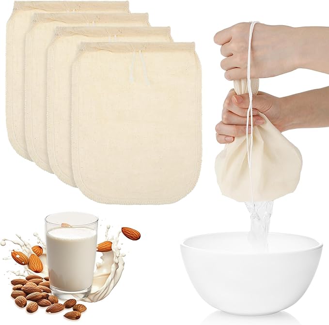 4 Pack Cotton Nut Milk Bag 8 × 6 Inches Fine Mesh Cheese Cloth Multiple Usage Reusable Food Strainer Professional Cold Brew Filter for Straining Juice Coffee Yogurt Tea (Cotton, 8×6 In)