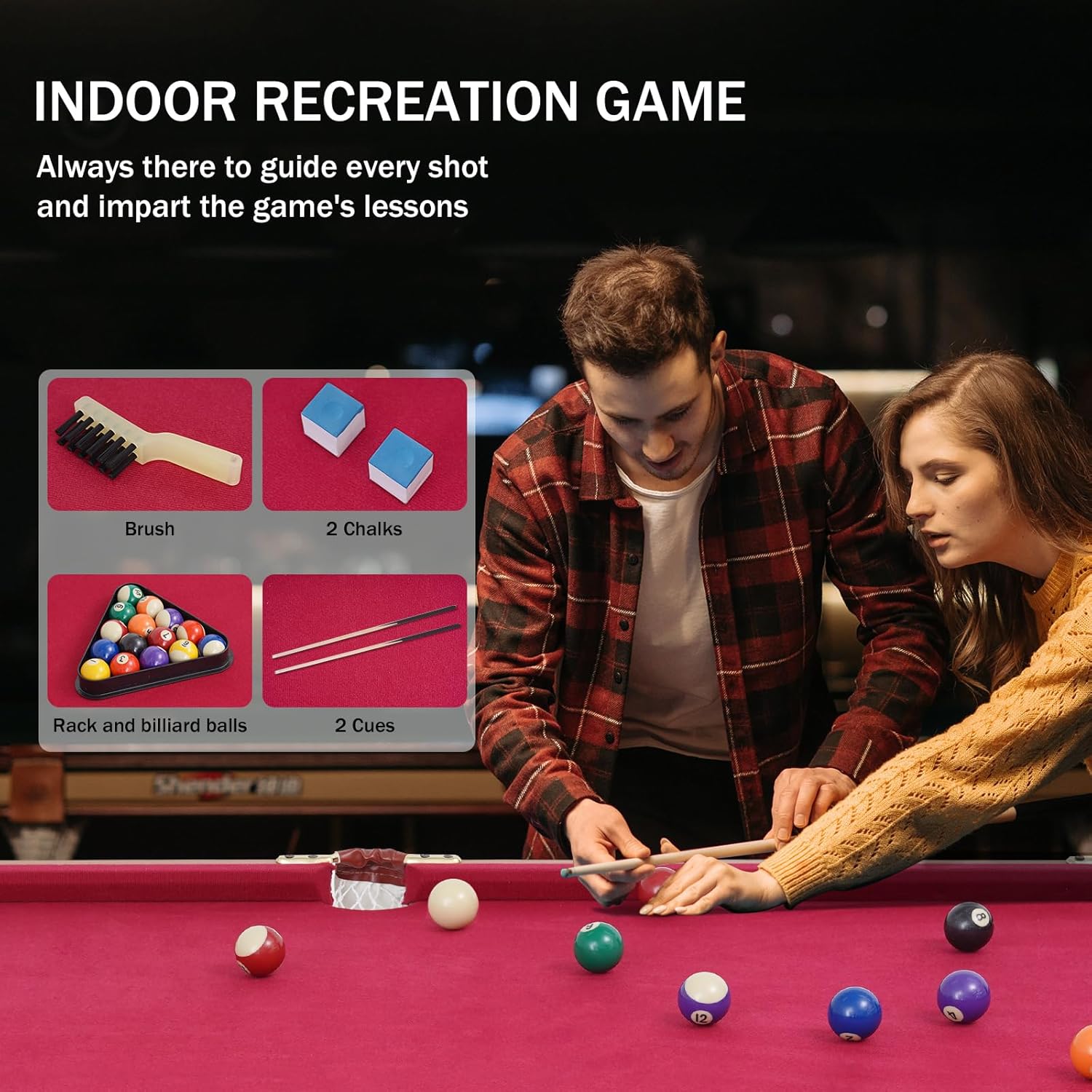 54" Portable Pool Table - Billiard Table for Kids & Adults with 2 Cues, Triangle Rack, Chalk & Brush - Compact Wooden Game Table for Home, Game Room, Indoor & Outdoor