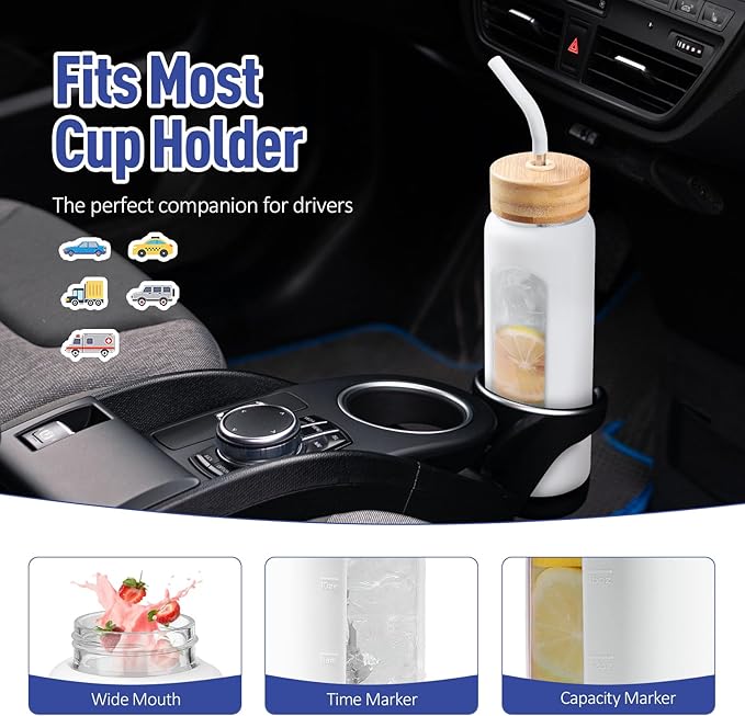 Kodrine Water Bottle with Straw, 24 oz Glass water Bottle with 2 Lids Bamboo Straw Lid and Spout Lid with Handle, 32 oz Clear Water Bottle Glass for Sports Travel, Waterbottle with Time Marker-FlexoryFit