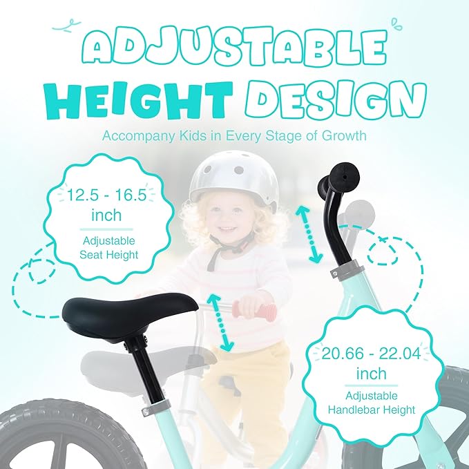 12 inch Toddler Balance Bike Adjustable Handlebar & Seat Anti-Slip Grip Suitable for 2-5 Years Old with Footrest Lightweight for Tolddlers Boys Girls Multiple Colors to Choose-FlexoryFit